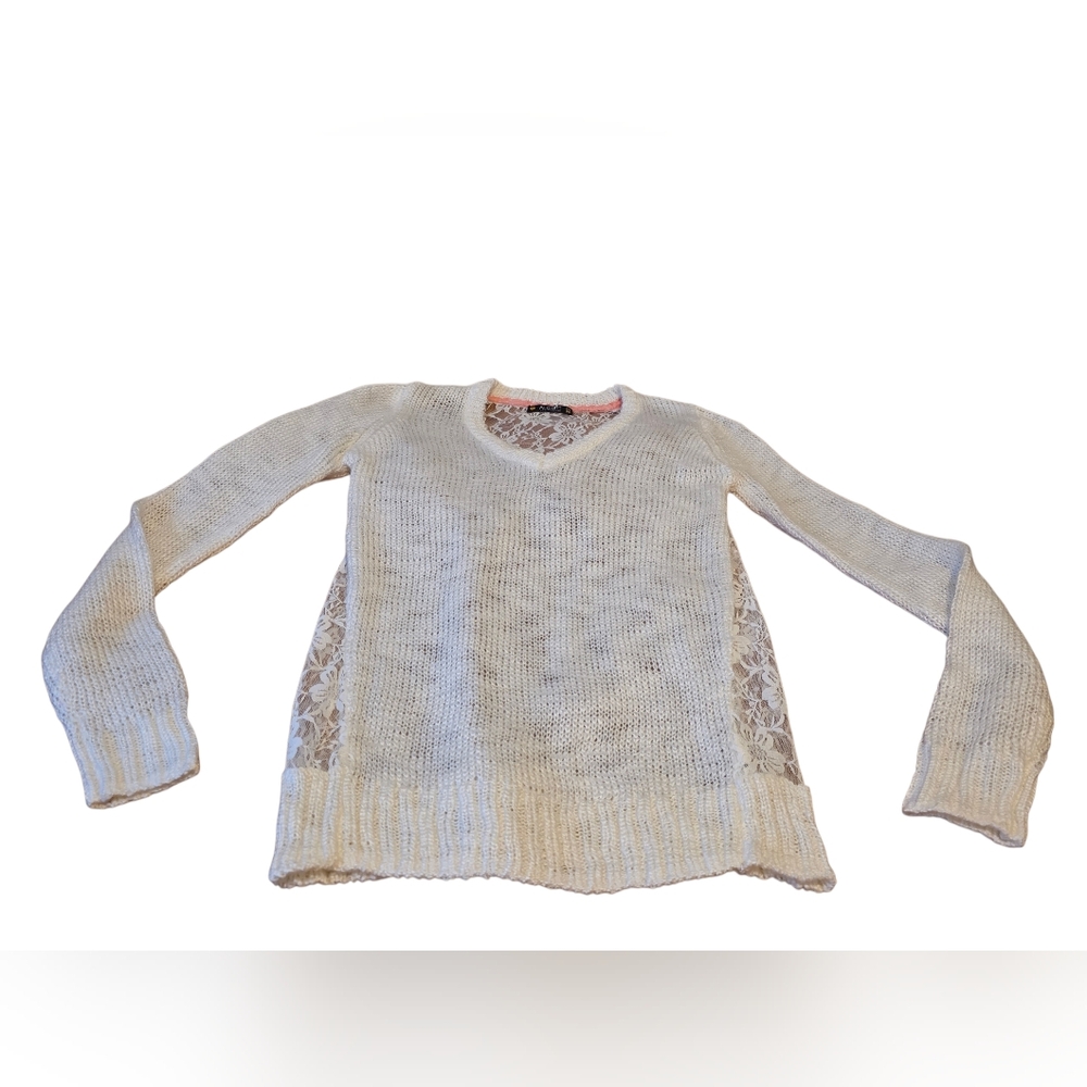 Alcott Women's White Lace Back Panel V-Neck Sweater EUC Size M